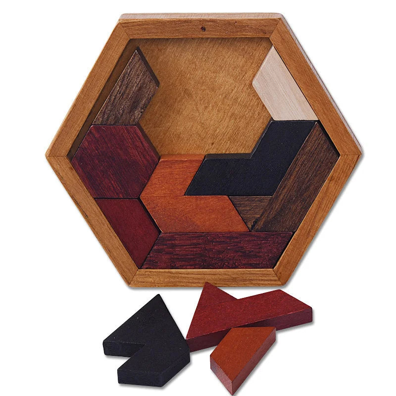 Hexagonal Wooden Puzzles IQ Game Educational Toys For Children Kids Adults Tangram Board IQ Brain Teaser Montessori Toys Gifts