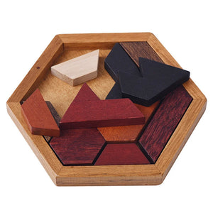 Hexagonal Wooden Puzzles IQ Game Educational Toys For Children Kids Adults Tangram Board IQ Brain Teaser Montessori Toys Gifts