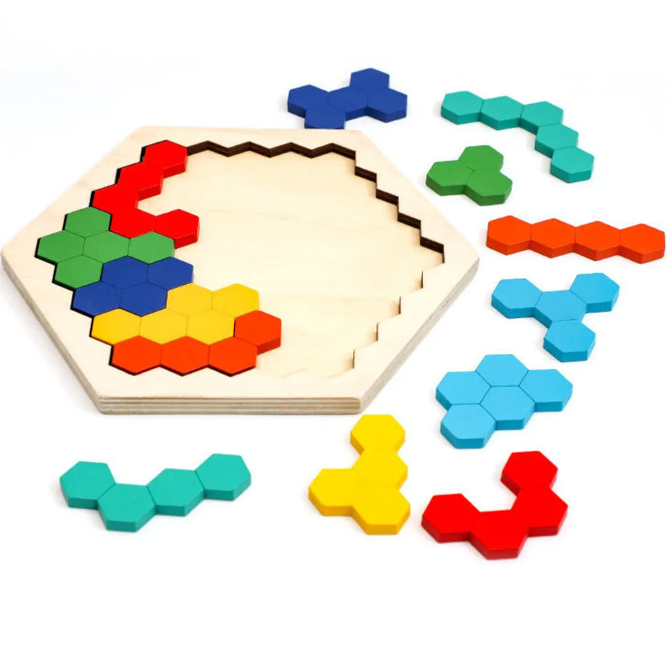 Hexagonal Wooden Puzzles IQ Game Educational Toys For Children Kids Adults Tangram Board IQ Brain Teaser Montessori Toys Gifts