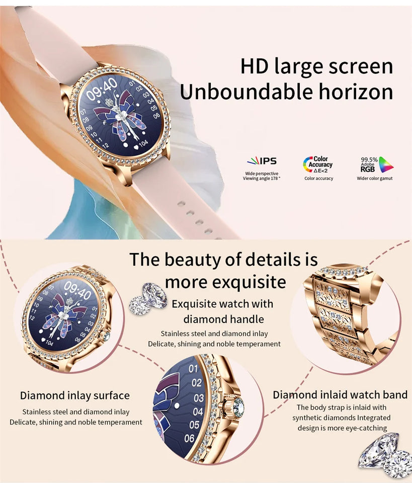 2023 New Fashion Women Bluetooth Call Smart Watch 1.32" AMOLED 360*360 HD Screen Sports Fitness Ladies Smartwatch Diamond Band