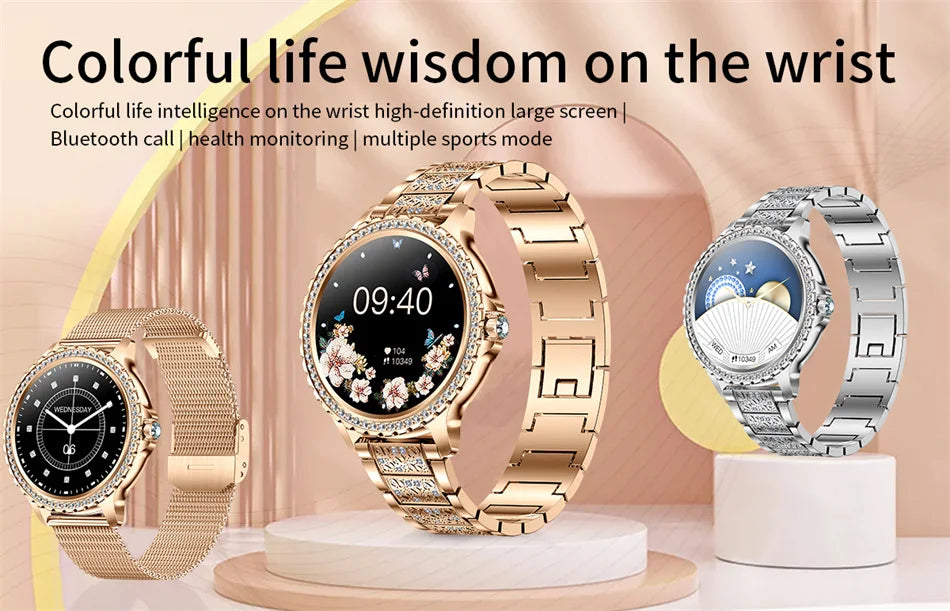 2023 New Fashion Women Bluetooth Call Smart Watch 1.32" AMOLED 360*360 HD Screen Sports Fitness Ladies Smartwatch Diamond Band