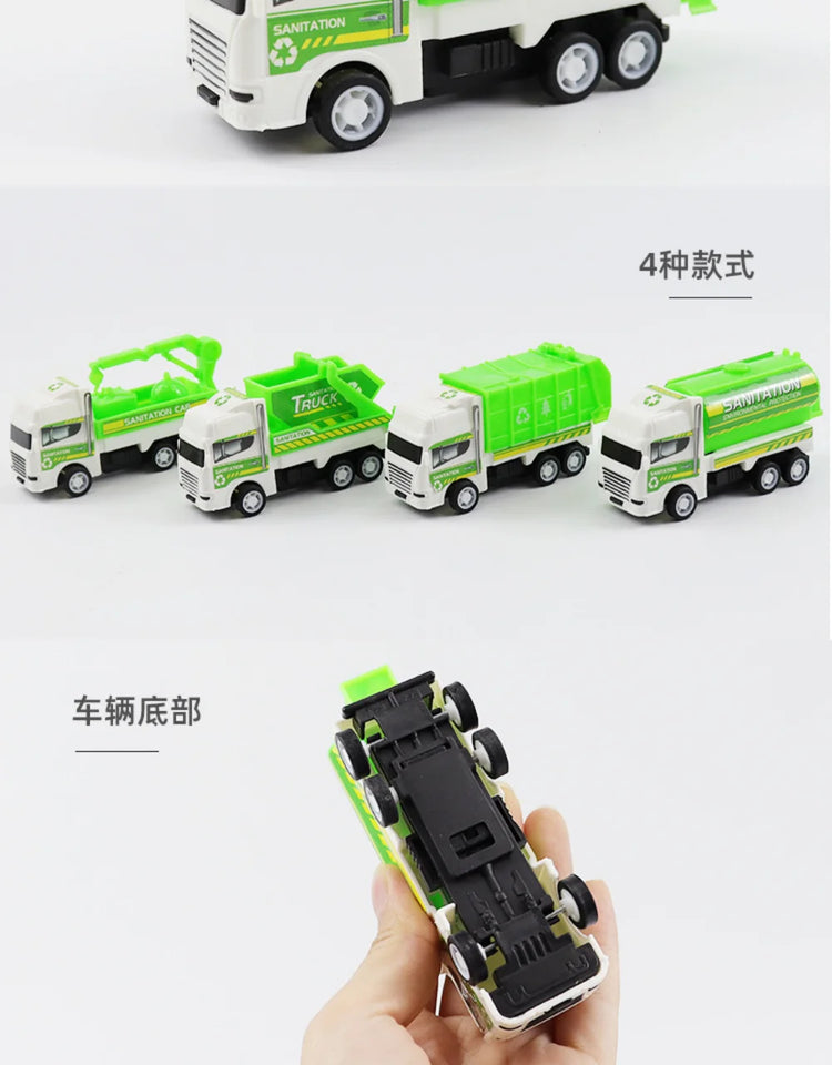 4Pcs Kids Toy Car Inertia Sanitation Truck Models Pull Back Military Engineering Vehicle Fire Engine Boys Toys for Children Gift