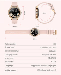 2023 New Fashion Women Bluetooth Call Smart Watch 1.32" AMOLED 360*360 HD Screen Sports Fitness Ladies Smartwatch Diamond Band