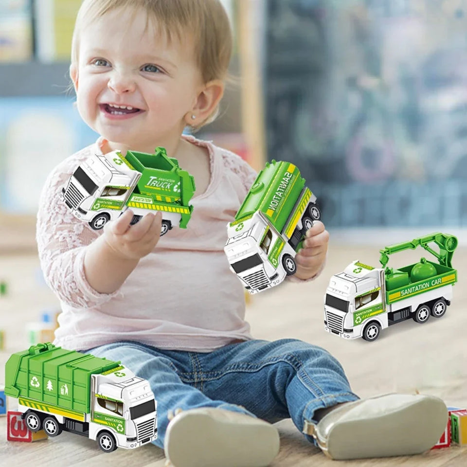 4Pcs Kids Toy Car Inertia Sanitation Truck Models Pull Back Military Engineering Vehicle Fire Engine Boys Toys for Children Gift